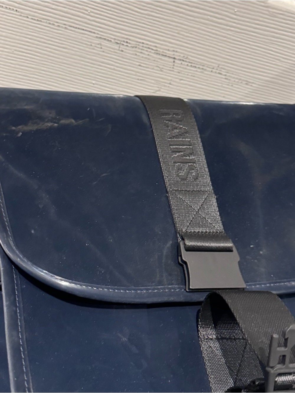 Rains Navy and Black Rolltop Backpack with Branded Strap - Picture 2 of 5